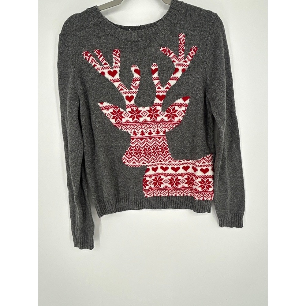 Yes Lola Womens L Gray Reindeer Christmas Sweater Nordic Scandinavian Lodgecore